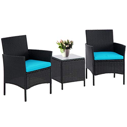 SUNCROWN 3-Piece Patio Bistro Outdoor Furniture Set, All-Weather Black Wicker and Glass Side Tab ...