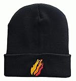 KUESANT Prestonplayz Fire Flame Unisex Knitted Beanie Embroidered Skull Cap Slouchy Knit Hat Black