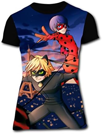 Miraculous Christms Cheer Ladybug Women 3D Print T-Shirts Crew Neck Tops for Girls L
