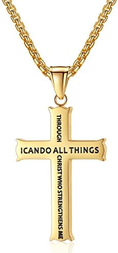 Molike Bible Verse Philippians 4:13 Stainless Steel Cross Pendant Necklace for Men Women, 22"Rolo Chain (Gold Tone + 24'' Chain)