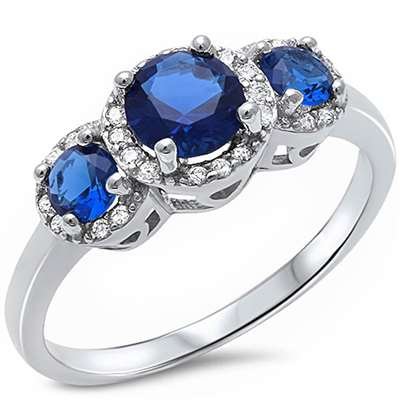 Halo Simulated Blue Sapphire Stone Cubic Zirconia Sterling Silver  Ring Sizes