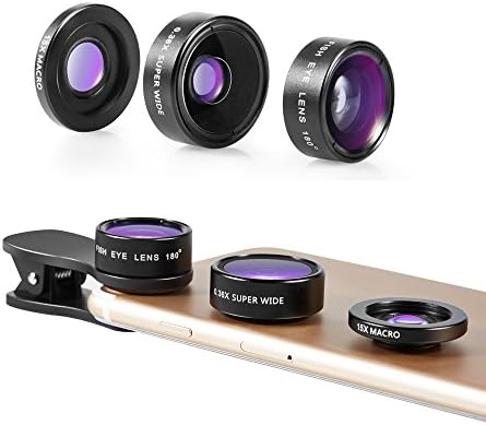 Fisheye Lens, 3 in 1 Clip-On Fisheye Lens Kit for Smartphone, 0.36x Super Wide Angle Len + 180 Degree Fisheye Len +15X Macro Len, Phone Camera Lens - Black