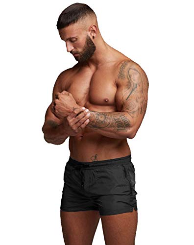 TONLEN Mens Swimwear Sports Shorts Swim Trunks with Zipper Pockets Black L - Thumbnail 3