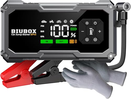 Car Jump Starter with Air Compressor, BiuBox 8500A 150PSI Car Battery Jump Starter for All Gas /9L Diesel, 12V Car Battery Charger Jump Starter with Insulated Gloves, LED Display, 500lm Light