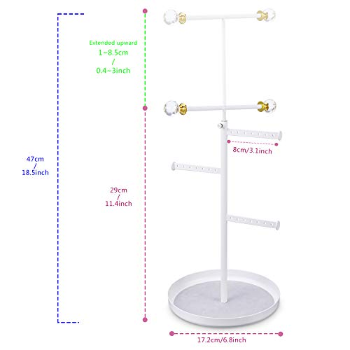 Keebofly Jewelry Tree Stand Organizer - Metal Necklace Organizer Display with Adjustable Height for Necklaces Bracelet Earrings and Ring White