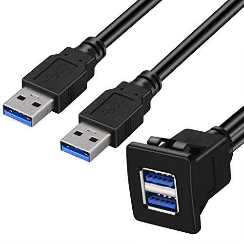 BATIGE Dual Ports Square USB 3.0 Panel Flush Mount Extension Cable with Buckle for Car Truck Boat Motorcycle Dashboard 3ft