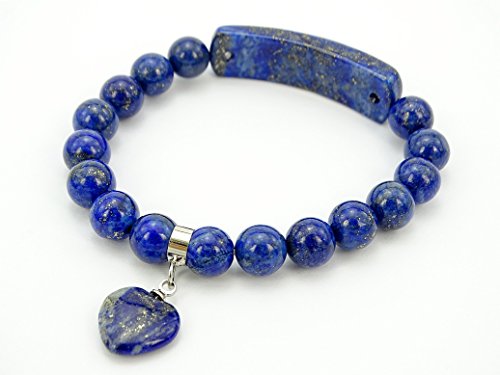 jennysun2010 8mm Natural Lapis Lazuli Gemstone Heart Bar Round Beads Stretchy Bracelet Healing Reiki Chakra 7"Inches (7"Inches: 16 Round Beads + Bar + Heart)