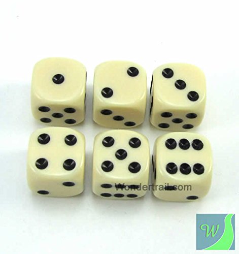 WKP10882E6 Ivory Opaque Dice with Black Pips D6 16mm (5/8in) Rounded Corners Pack of 6 Dice Koplow Games