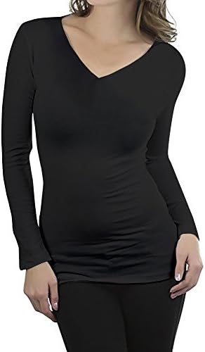 COTTON PICKING GIRLS Women's Basic Solid Color Tee Breathable Soft Long Sleeve Cotton T-shirt (L, Black/V-NECK)