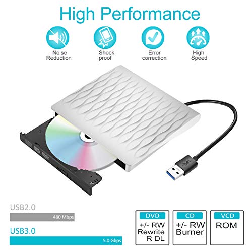 External CD DVD Drive,USB 3.0 Slim Portable CD/DVD Writer/Rewriter/Burner,High Speed Data Transfer USB Optical Drives Player Compatible with Laptop Desktop PC Windows Linux Mac OS (White)