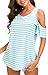 HBEYYTO Womens Cold Shoulder Striped Print T Shirt Short Sleeve Round Neck Casual Loose Tops and Blouse S-XXL