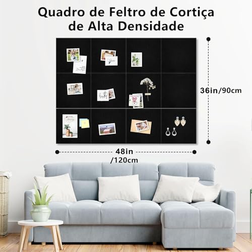 Quadro de Cortiça Feltro 120x90, GODREAM Quadro de Aviso, Mural de Recado Fotos Grande, Placa de Cortiça Autoadesivo, Organizador de Parede para Escritório, Casa, Escola, 12 peças (Preto)