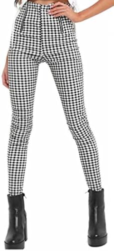 xtsrkbg Womens Skinny High Waist Zipper Checkered Pencil Long Pant Black XS
