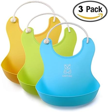 Baby Bibs Silicone Waterproof Food Catcher 3PCS Roll-up Deep Pocket with Soft Adjustable Neckband ( Blue,Green,Yellow)