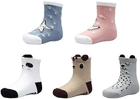 LEODEQX 5 Pairs Toddler Socks Baby Anti Slip Socks Kids Animal Cotton Crew Socks,Size:L