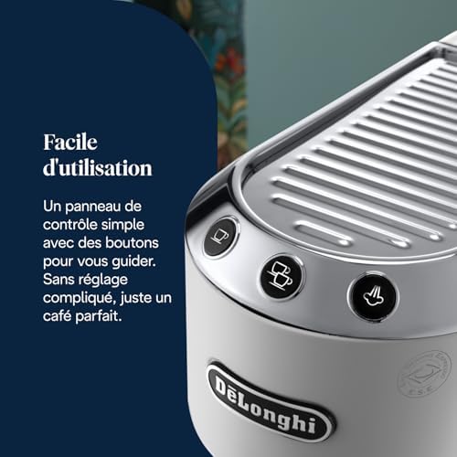 Dedica Style EC685.W, Machine à Café à Pompe en Acier Inoxydable Pour Café Moulu ou Dosettes, Machine à Espresso et Cappuccino, Réservoir de 1,3L, Système Anti-goutte, Blanc