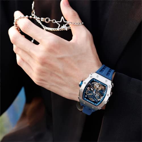 TSAR BOMBA Automatic Tonneau Carbon Fiber Bezel Luxury Mens Watches 50M Waterproof Skeleton Mechanical Stylish Watch for Men Simple Men’s Silver Wrist Watch Cool Unique Watch with Silicone Strap