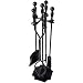 5 Pcs Fireplace Tools Sets Black Handle Wrought Iron Fire Place Tool Set and Holder Outdoor Fireset Fire Pit Stand Rustic Tongs Shovel Antique Brush Chimney Poker Wood Stove Hearth Accessories Kit primary