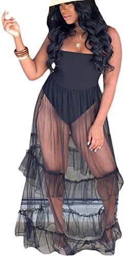 Bluewolfsea Women's Sexy Bodycon Clubwear Halter Sheer Mesh Bodysuit Maxi Dress