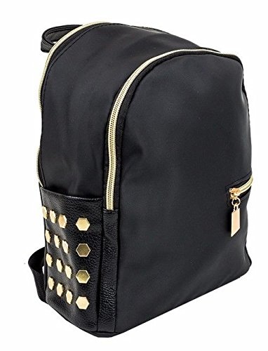 Emartbuy Black Fabric Studded Ladies Women Girls Backpack Fashion Shoulder Zip Bag Travel Rucksack - Gold Studs