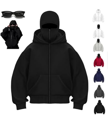 Muineobuka Men's Balaclava Hoodie Fashion Double Hooded Zip Up