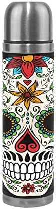 Vacuum Insulated Water Bottle Double Wall Stainless Steel Leak Proof Wide Mouth with Novelty Graphic Colorful Floral Skull Compact Bottle Beverage Bottle