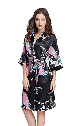 Amzchoice Women's Short Sleeve Kimono Robe Peacock & Blossoms for Spa, Wedding Bridal and Bridesmaid (M, Black)