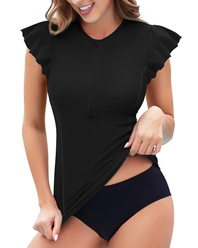 Soneven Womens Padded Rash Guard Short Sleeve Swim Shirts 1/4 Zip UPF 50 Sun Protection Swimsuit Tankini Bathing Suit Top (Black, S) at Amazon