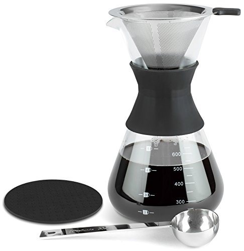 Pour Over Coffee Dripper By Coffee Panda | Ultra-Premium Glass Maker | Paperless Stainless Steel Filter | Coffee Scoop & Heat-Proof Trivet Included | 4 Cup, 20 oz Kit