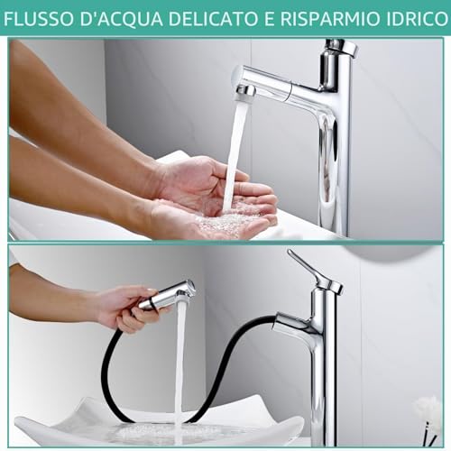 Tall Bathroom Faucet with 2 Modes Pull-Out Shower, DETBOM Basin Mixer, Single Lever Taps, Suitable for Countertop Washbasin, Removable Aerator, Hot/Cold Water, Lead-free, Chrome