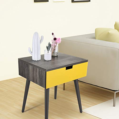 Frylr Nightstand Bedside Table with Drawer Solid Wood Legs End Table for Living Room Bedroom 18.8''x15.7''x21.5'- Grey and Yellow