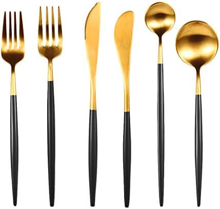 Tenghebao 6 Flatware Cutlery Set, Stainless Steel Utensils Service, Including Fork Spoons Knife Tableware Set 18/10 Portable,Dishwasher Safe (Black Gold)