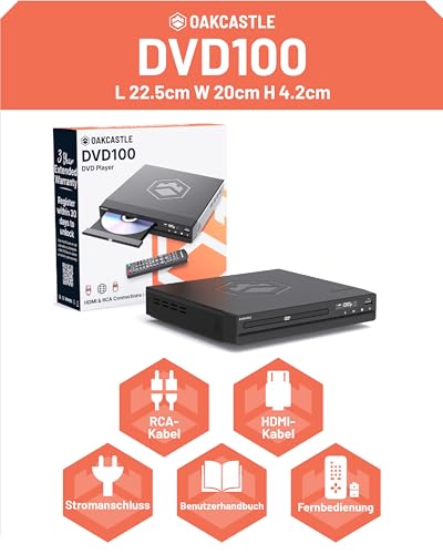 Oakcastle DVD100 Region Free DVD Player for TV Mini DVD Player HDMI with 1080p Upscaling CD Player with USB & MP3 HDMI Cable, RCA Cable & Remote Control Included
