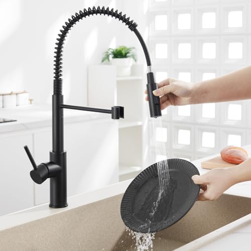 CECIPA Black Kitchen Tap with Spring and 2 Types of Jet, High Arc Kitchen Mixer Tap Black with Pull-Out Shower, 360° Swivel Sink Tap, Stainless Steel Mixer Tap