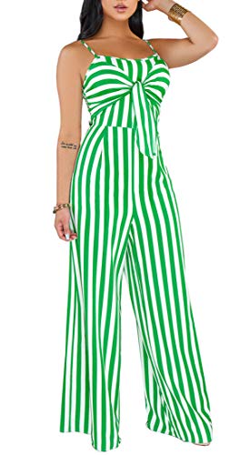shekiss Womens Sexy Spaghetti Strap Striped Jumpsuits Tie Bowknot Loose Long Pants Casual Summer Rompers Green - Thumbnail 4