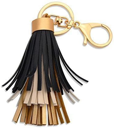 Vegan Leather Tiered Tassel Key Chain Bag Charm Black Gold and Cream