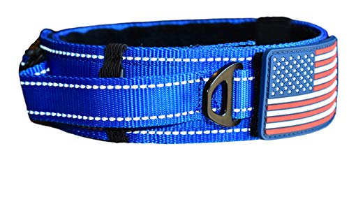 DOG COLLAR WITH CONTROL HANDLE QUICK RELEASE METAL BUCKLE HEAVY DUTY MILITARY STYLE 2" WIDTH NYLON WITH USA FLAG GREAT FOR HANDLING AND TRAINING LARGE CANINE MALE OR FEMALE K9 (300C-BLUETAC)