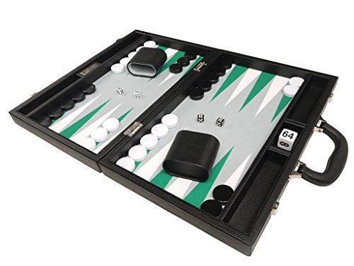 16-inch Premium Backgammon Set - Medium Size - Black Board, White and Green Points