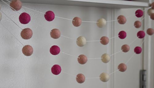 100% Wool Felt Ball Garland | Pom Pom Garland - 40 Felt Balls (25mm, Pink Baby-Pink White)