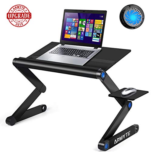 Adjustable Laptop Stand, (Ultra-Large, Upgraded Sturdier) Foldable Aluminum Laptop Desk/Table, Portable Laptop Stand for Bed/Sofa/Desk with Large Cooling Fan & Mouse Pad Side as Gift（Black）