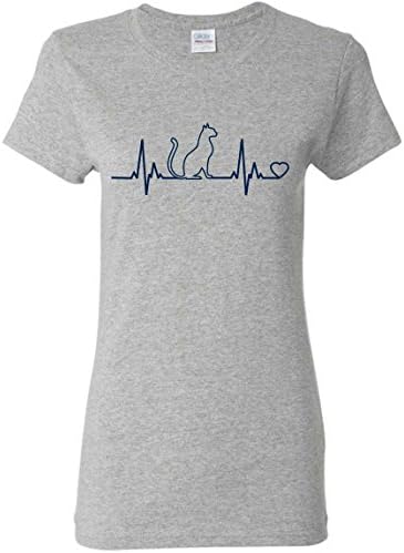Cat Lover Heartbeat Ladies T-Shirt (Large, Gray)