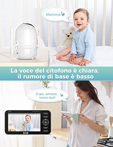 GHB Baby Monitor Video and Audio Camcorder 5 Inch Screen, 168 Hours of Autonomy, 350°/110°, Two-Way Communication, VOX Night Vision Vision Temperature Monitor, Lullabies