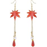 GBAHFY Red Maple Leaf Tassel Earrings Asian Inspired Chinese Style Dangle Earrings for Women Autumn Party Jewelry