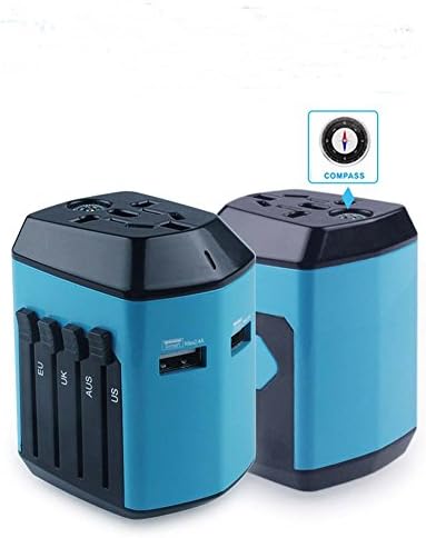 Travel Power Converter Adapter with 2.4A Dual USB Charger &amp; Worldwide AC Wall Outlet Plugs for UK, US, AU, Europe &amp; Asia - Built-in Spare Fuse, Gift Pouch (blue)