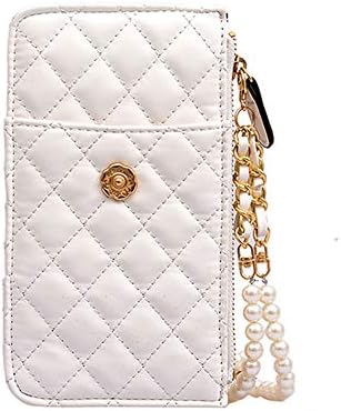 Womens Fashion Leather Single Shouler Crossbody Bag Cellphone Holster Holder Pearl Chain Neck Travel Wallet Purse Satchel Messenger Handbag Phone Bag for iPhone 11 Pro XS Max 6 7 8 Plus X XR (White)