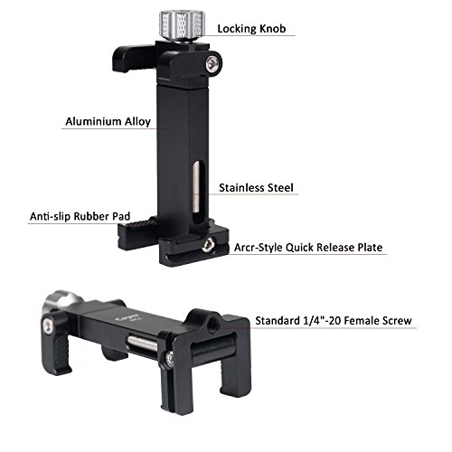 Metal Smartphone Tripod Mount, Cayer MC1 Aluminum Foldable Phone Holder Clip Adapter with Arca-Style QR Plate, Fits Cell Phone 2.5" to 4.3" Wide for Monopod/Tripod/Selfie Stick (Black) - Thumbnail 2