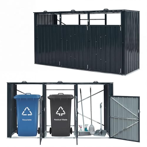 Goplus 7.8 x 2.6 FT Outdoor Trash Can Storage, 3-Bin Metal Garbage Shed with Flip-Up Lids & Lockable Doors, Galvanized Steel Utility Enclosure for Garden Tools Equipment, Patio, Backyard & Yard