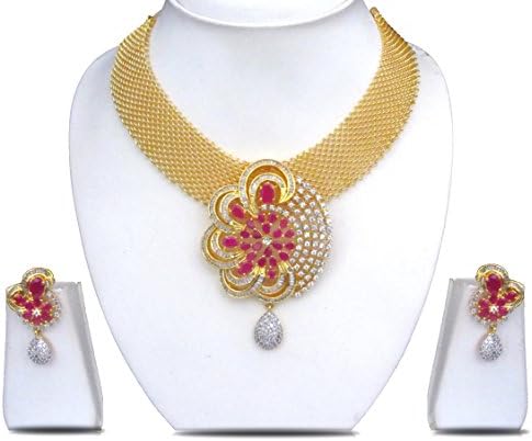 Indian CZ American Diamond Gld &amp; Silver Bollywood Bridal Pendant Set Swam Jewelry S-211