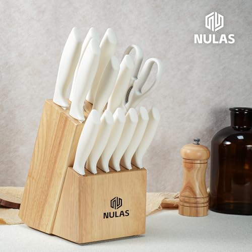 NULAS 15-Piece Kitchen Knife Block Set with Built-in Sharpener, Upgraded Non-Stick Coating Blades, Ergonomic Handles, Dishwasher Safe, Cream