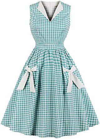 Wellwits Women's Shirt V Neck Plaid Pocket 1950s Vintage Swing Dress